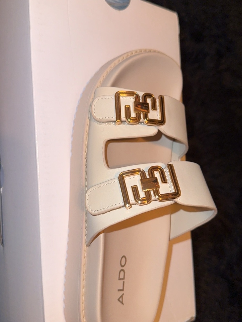 ALDO Cream Slide Sandals with Gold Buckle Accents